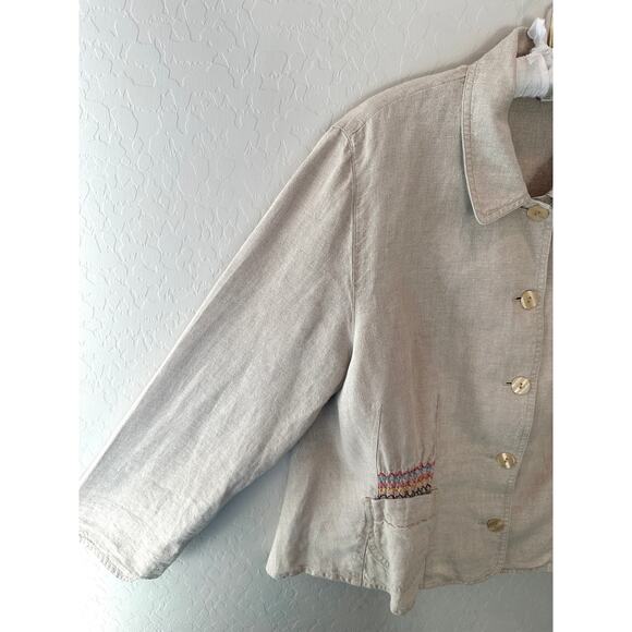 J.JILL | 100% Linen Button Front Jacket Beige Tan Rainbow Smocked Waist | XL - Picture 3 of 8